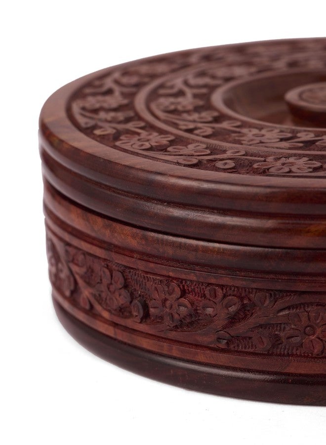 GURU JEE Handmade Wooden Round Chapati Container Roti Box Serving Casseroles Handcarved Chapati Box with Lid - Image 3