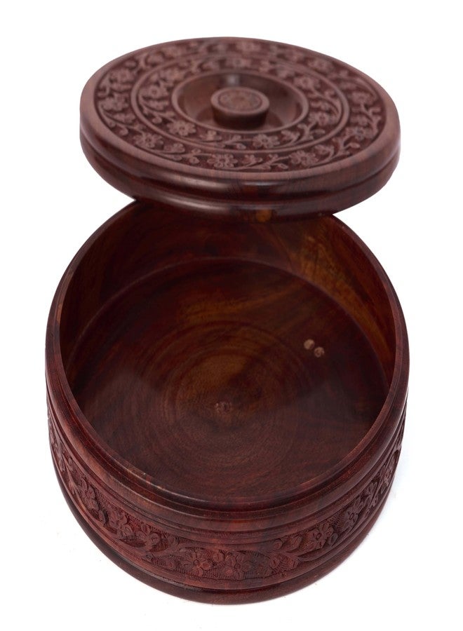 GURU JEE Handmade Wooden Round Chapati Container Roti Box Serving Casseroles Handcarved Chapati Box with Lid - Image 1