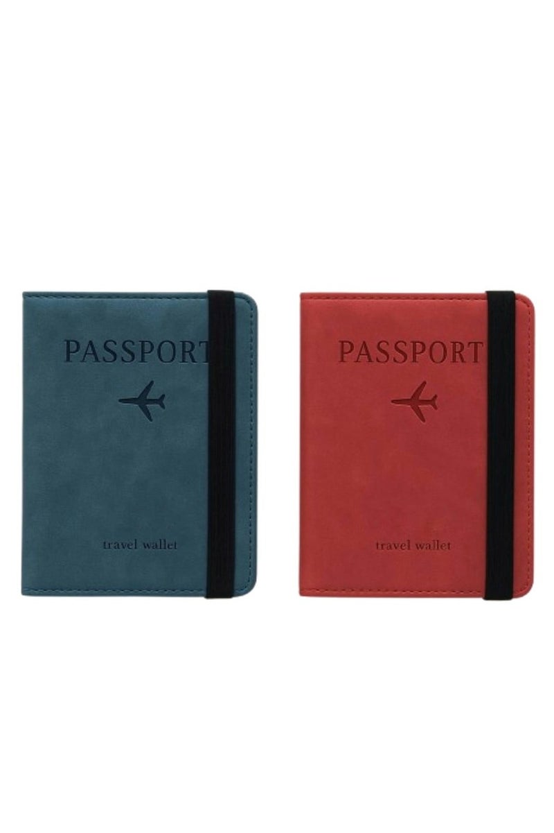 SKM مجموعة من قطعتين من محافظ جوازات السفر - محافظ سفر من جلد البولي يوريثان - أزرق وأحمر - للجنسين - حزام مطاطي - Image 1