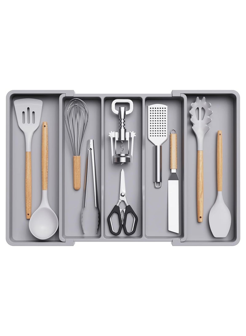 Hihonor Utensil Organizer for Kitchen Drawers, Expandable Cooking Utensil Tray, Adjustable Cutlery Silverware Flatware Holder, Plastic Kitchen Spatula Tools and Gadgets Storage Divider, Large, Grey - Image 1