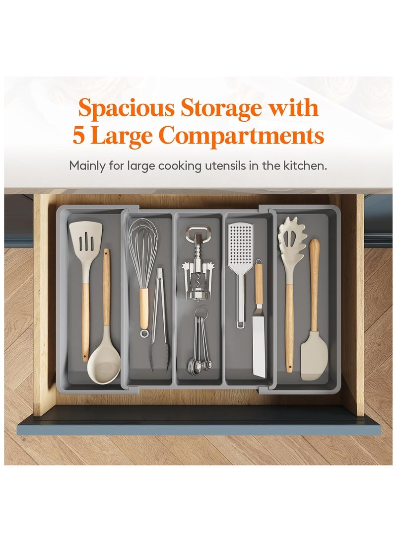 Hihonor Utensil Organizer for Kitchen Drawers, Expandable Cooking Utensil Tray, Adjustable Cutlery Silverware Flatware Holder, Plastic Kitchen Spatula Tools and Gadgets Storage Divider, Large, Grey - Image 3