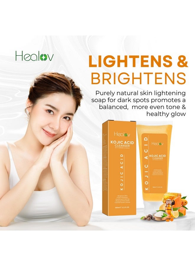 Healov Kojic Acid Soap For Hyperpigmentation - Skin Brightening Kojic Papaya Face And Body Wash - Dark Spot Soap Reduces Acne, Scars, And Evens Skin Tone - Turmeric Facial Cleanser For Brighter Glowing Skin - Image 2