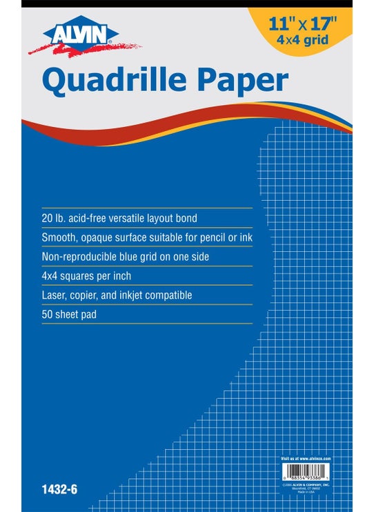 ALVIN Quadrille Paper Pad 50 Sheets of 11 x 17 Model 14326 Drafting and Graph Paper Suitable for Pencil and Ink Printer Compatible 4 x 4 Grid  50 Sheet Pad 11 x 17