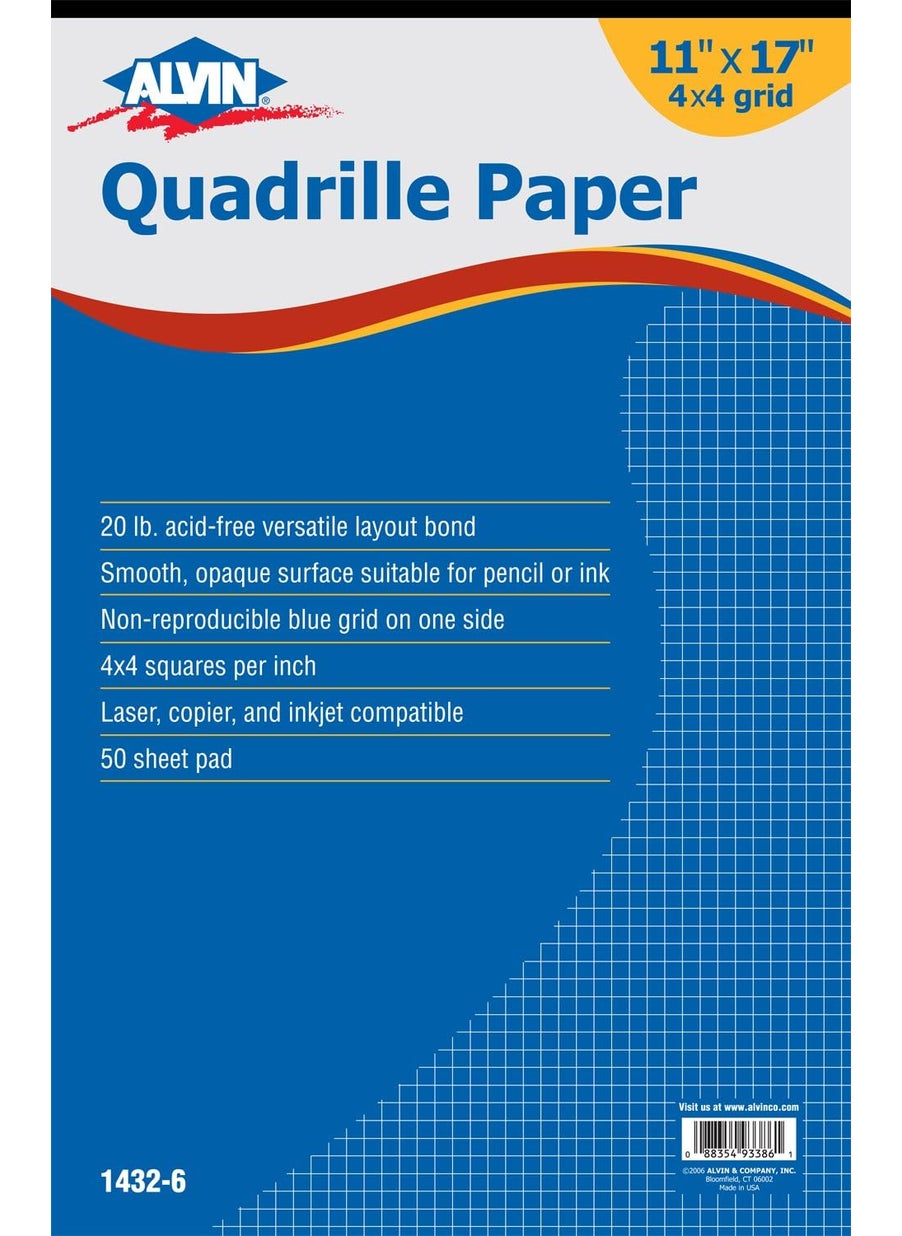 Alvin ALVIN Quadrille Paper Pad 50 Sheets of 11 x 17 Model 14326 Drafting and Graph Paper Suitable for Pencil and Ink Printer Compatible 4 x 4 Grid  50 Sheet Pad 11 x 17  - Image 1