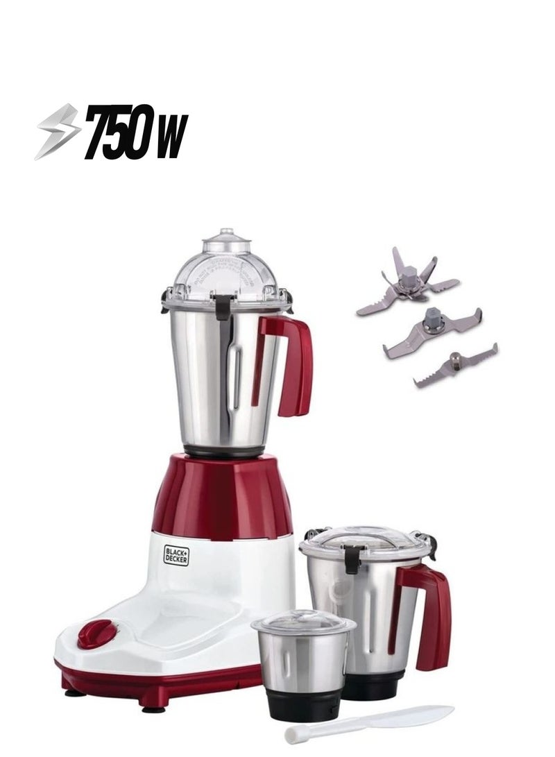 BLACK+DECKER 3-in-1 Multifunctional Mixer Grinder with 3 Jars Set: Blender, Wet & Dry Grinder and a Chutney Jar Years Warranty 750 W MG750-B5 white and red - Image 1