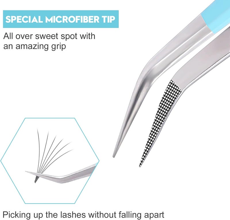 Ms.Queen Eyelash Extensions Tweezers,Professional Fiber Tip 45 Degree Lashing Tweezers for Volume Lash Extensions, Blue - Image 2