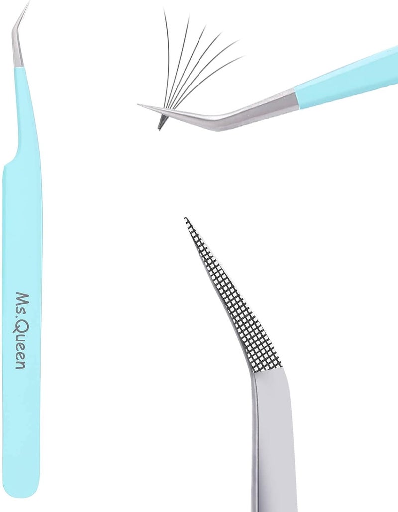 Ms.Queen Eyelash Extensions Tweezers,Professional Fiber Tip 45 Degree Lashing Tweezers for Volume Lash Extensions, Blue - Image 1
