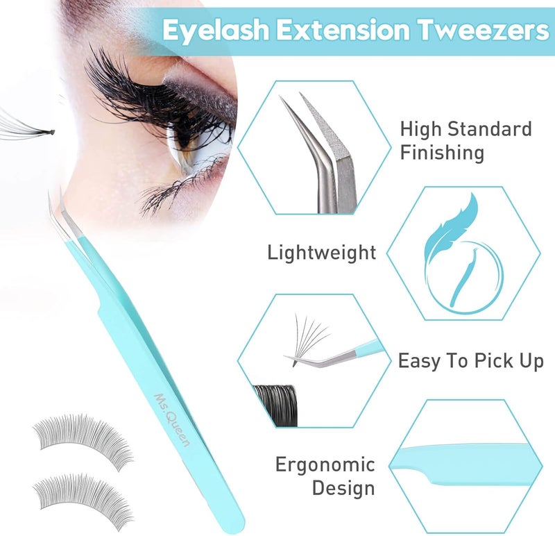 Ms.Queen Eyelash Extensions Tweezers,Professional Fiber Tip 45 Degree Lashing Tweezers for Volume Lash Extensions, Blue - Image 3