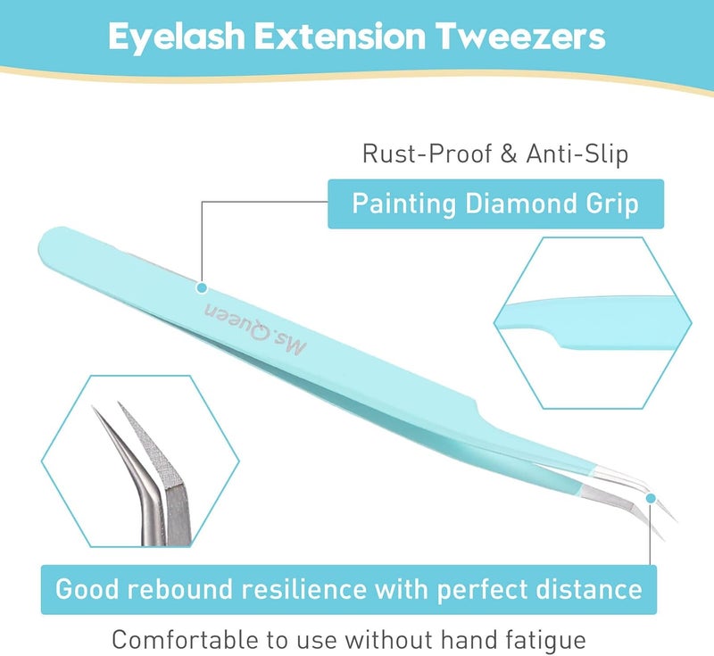Ms.Queen Eyelash Extensions Tweezers,Professional Fiber Tip 45 Degree Lashing Tweezers for Volume Lash Extensions, Blue - Image 4