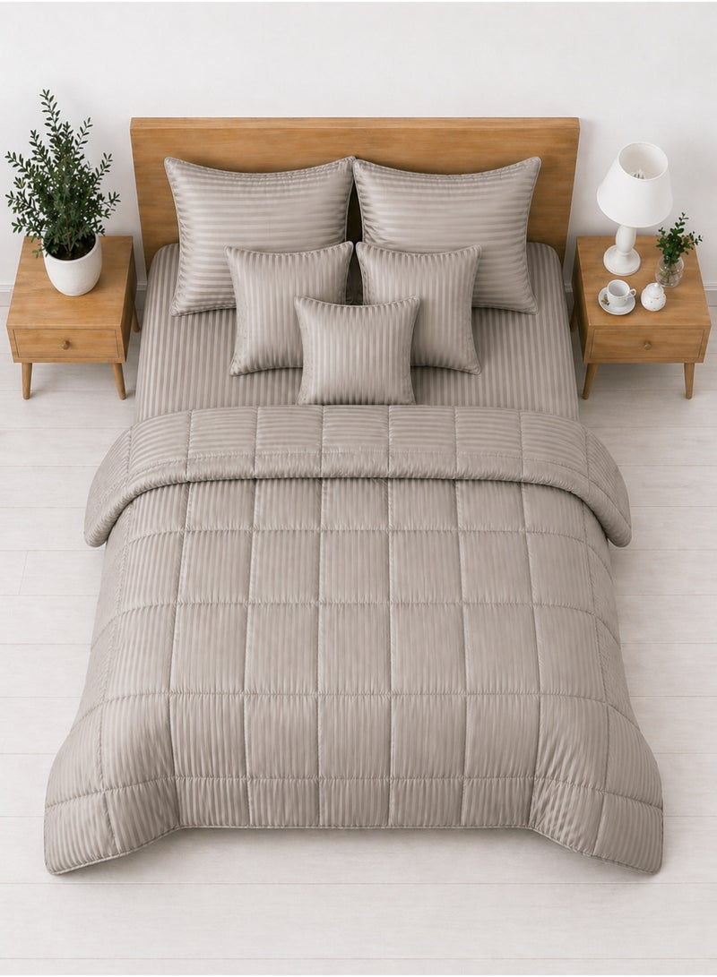 Hotel Linen Klub King Comforter Set - 7 Pieces, Luxurious 100% Cotton with 250 Thread Count Sateen, Stylish Classic Stripe Pattern, Soft Microfiber Filling, Size: 240 x 260 cm, Stone - Image 1
