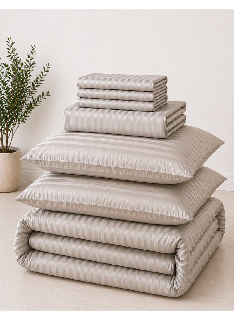 Hotel Linen Klub King Comforter Set - 7 Pieces, Luxurious 100% Cotton with 250 Thread Count Sateen, Stylish Classic Stripe Pattern, Soft Microfiber Filling, Size: 240 x 260 cm, Stone - Image 4