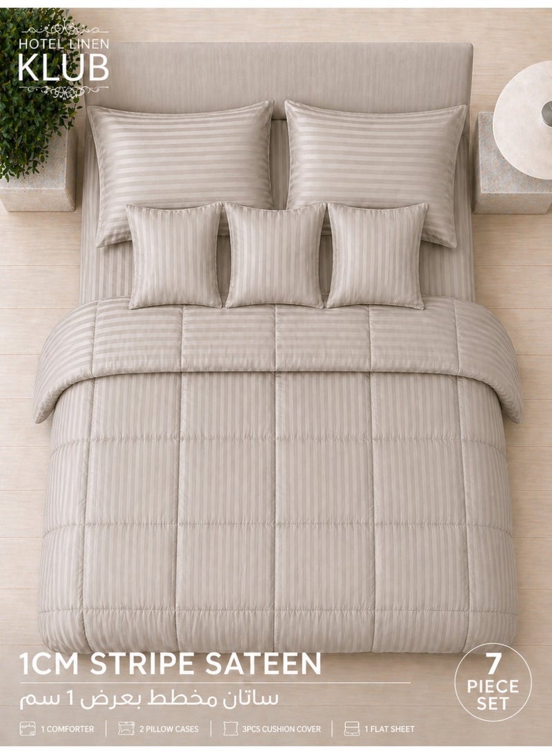 Hotel Linen Klub King Comforter Set - 7 Pieces, Luxurious 100% Cotton with 250 Thread Count Sateen, Stylish Classic Stripe Pattern, Soft Microfiber Filling, Size: 240 x 260 cm, Stone - Image 3