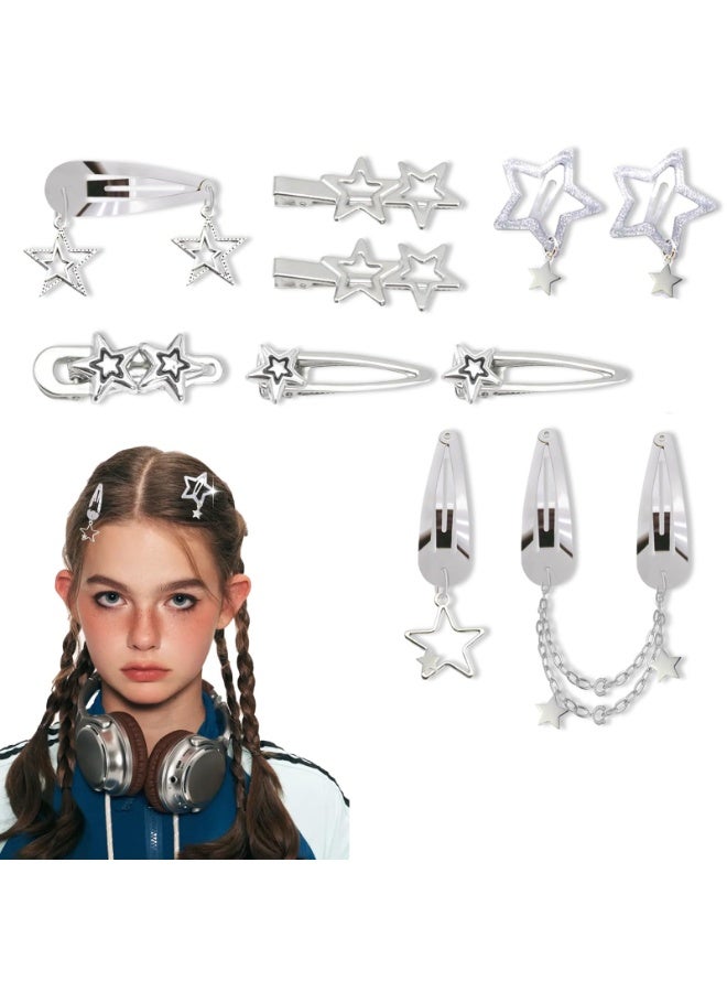 مجموعة مشابك شعر على شكل نجمة مكونة من 10 قطع، مشابك شعر معدنية فضية بتصميم Y2K للنساء والفتيات، 8 أشكال من إكسسوارات الشعر الكاواي، بنمط بانك جرانج عتيق من حقبة الألفينيات - Image 1