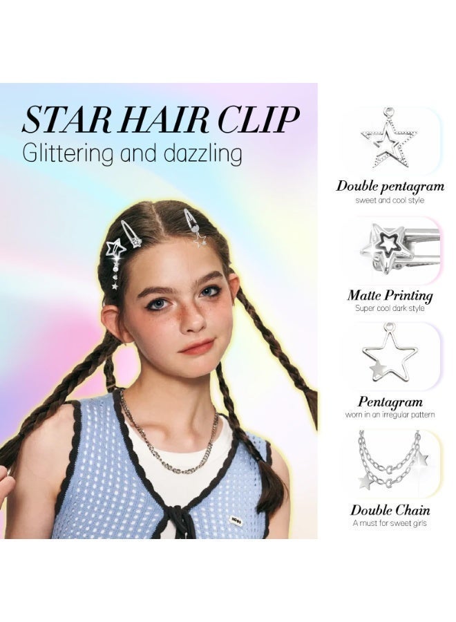مجموعة مشابك شعر على شكل نجمة مكونة من 10 قطع، مشابك شعر معدنية فضية بتصميم Y2K للنساء والفتيات، 8 أشكال من إكسسوارات الشعر الكاواي، بنمط بانك جرانج عتيق من حقبة الألفينيات - Image 2