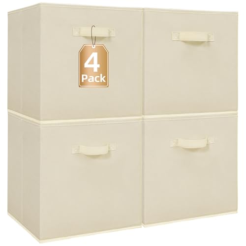 STORAGE MANIAC Storage Cubes 13 Inch Collapsible Storage Bins with Handles 4 Pack Fabric Foldable Bins for Organization Durable Storage Bins for Closet Shelves Offices 4Pack Beige - Image 1