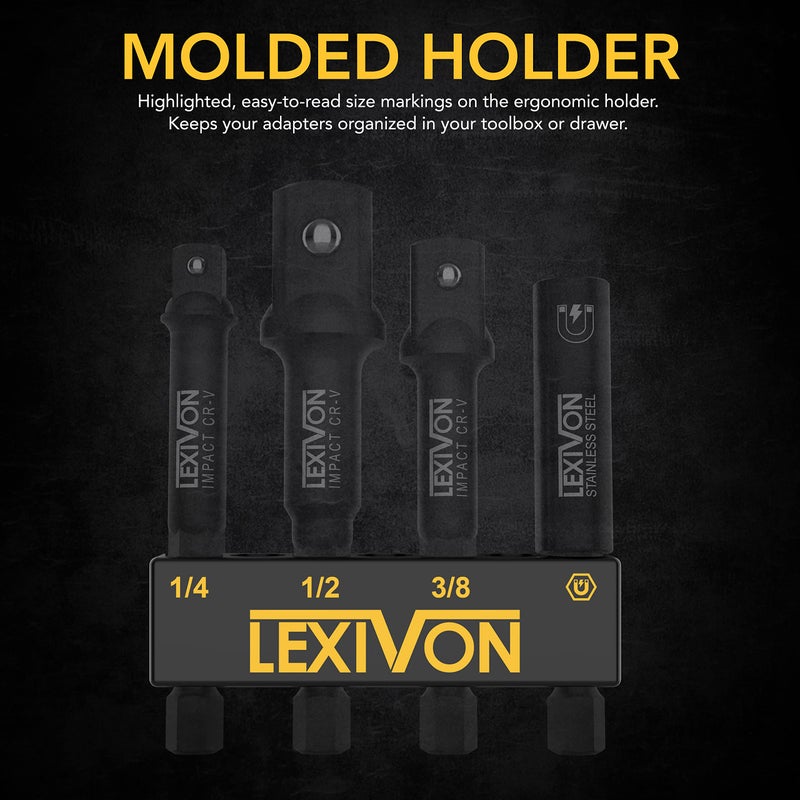 LEXIVON Impact Socket Adapter & Magnetic Bit Holder Set | 4 Pieces of 1/4-Inch Hex Shank Extension to 1/4", 3/8", and 1/2" Drive | Includes Organizer Rack (LX-104) - Image 3
