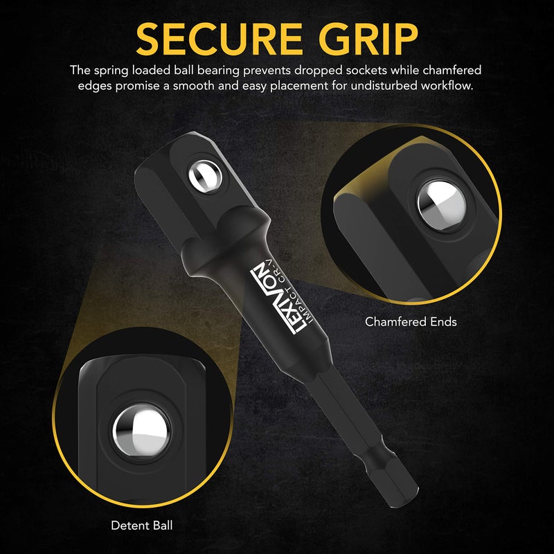 LEXIVON Impact Socket Adapter & Magnetic Bit Holder Set | 4 Pieces of 1/4-Inch Hex Shank Extension to 1/4", 3/8", and 1/2" Drive | Includes Organizer Rack (LX-104) - Image 4
