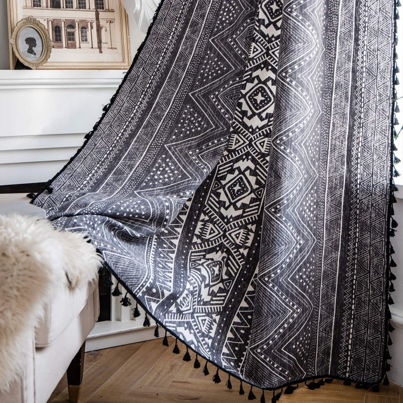ColorBird Geometric Semi-Blackout Window Curtains 2 Panels Tribal Style Cotton Linen Darkening Curtains with Black Tassels Rod Pocket Window Drapes for Living Bedroom (59"" W x 84"" L  Dark Grey) - Image 4