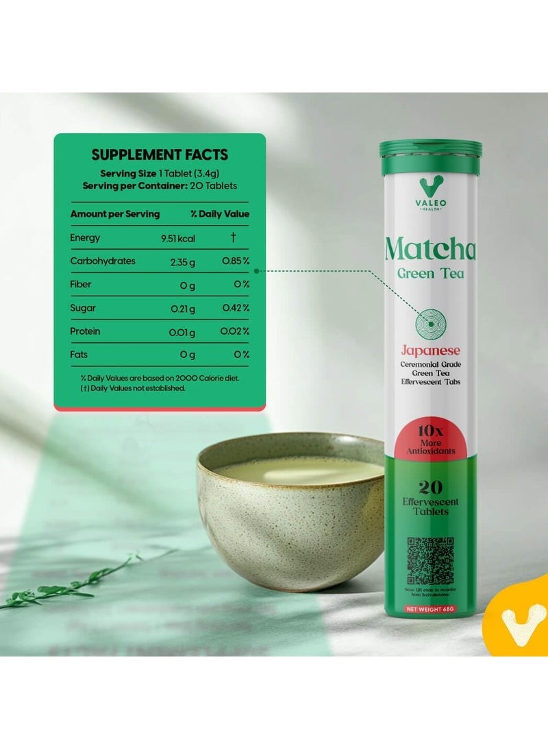 VALEO MATCHA GREEN TEA EFFERVESCENT TABS (20) |ORGANIC JAPANESE CEREMONIAL-GRADE MATCHA | INSTANT ENERGY BOOST, DETOX & GLOWING SKIN (80) - Image 3