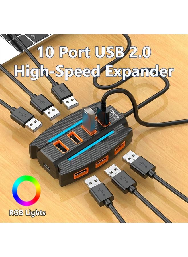 Black 10 Port USB 2 0 Hub With RGB Lights High Speed Data Transmission Splitter - Image 1