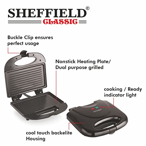 Sheffield Classic 750W Sandwich Griller | Non‑Stick Fixed Grill Plates, LED Indicator, Cool‑Touch Handle, Overheat Protection | 2‑Slice Sandwich Maker for Home, Office & Travel - Image 3