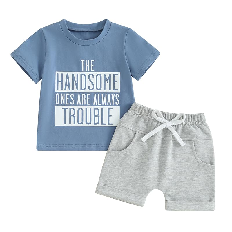 allshope Toddler Baby Boy Summer Outfit Short Sleeve Letter Print T Shirt Top and Casual Shorts Set Cute Infant Newborn Clothes (Blue Handsome Trouble, 12-18 Months) - Image 1