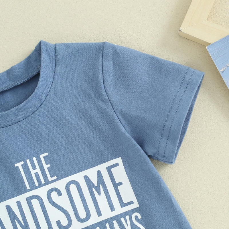 allshope Toddler Baby Boy Summer Outfit Short Sleeve Letter Print T Shirt Top and Casual Shorts Set Cute Infant Newborn Clothes (Blue Handsome Trouble, 12-18 Months) - Image 5