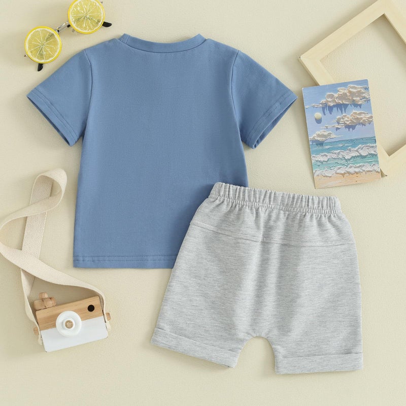 allshope Toddler Baby Boy Summer Outfit Short Sleeve Letter Print T Shirt Top and Casual Shorts Set Cute Infant Newborn Clothes (Blue Handsome Trouble, 12-18 Months) - Image 3