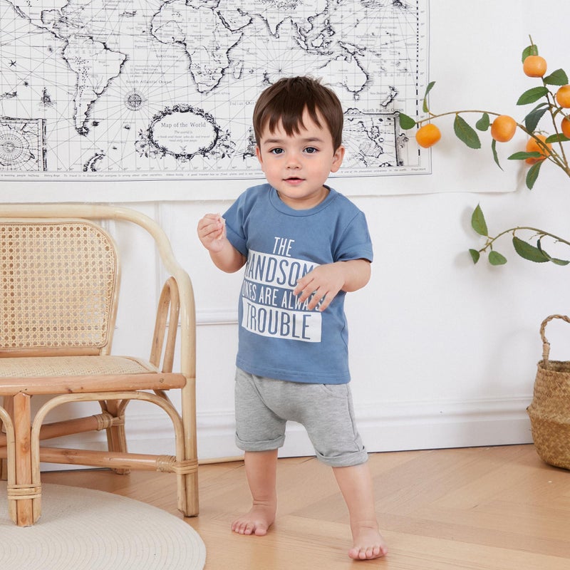 allshope Toddler Baby Boy Summer Outfit Short Sleeve Letter Print T Shirt Top and Casual Shorts Set Cute Infant Newborn Clothes (Blue Handsome Trouble, 12-18 Months) - Image 2