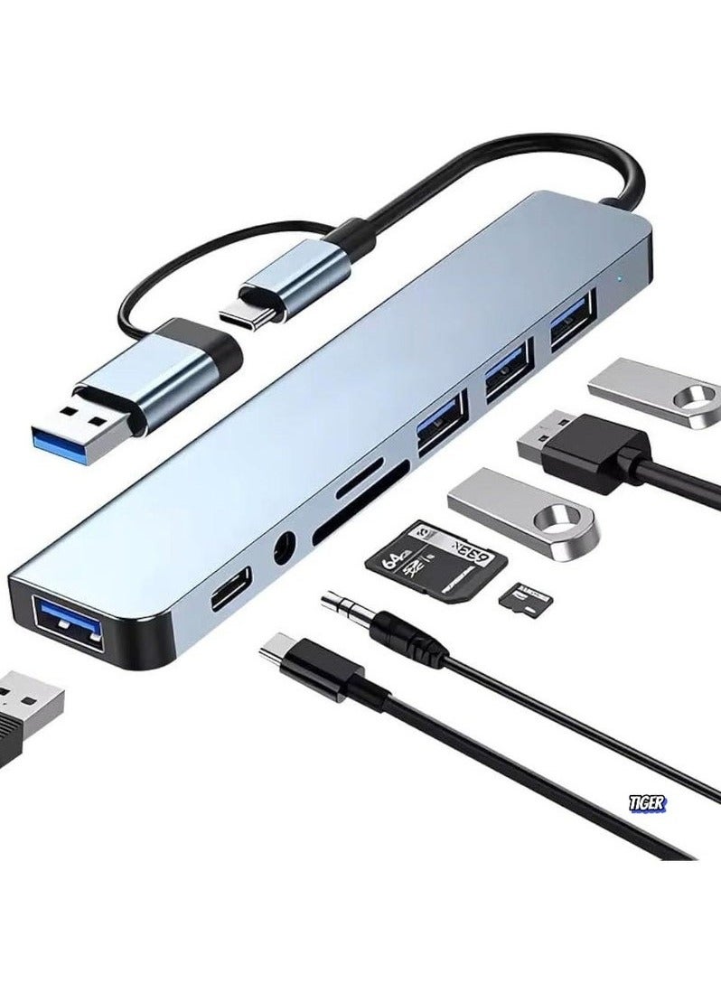 USB 3.0 & Type-C to 8-Port Hub – USB 3.0 x1 + USB 2.0 x3 + TF/SD Card Reader + Type-C Data + 3.5mm Audio Port – Multiport Adapter for Laptop, Phone, Tablet – Aluminum Shell, 135mm Cable – Boxed