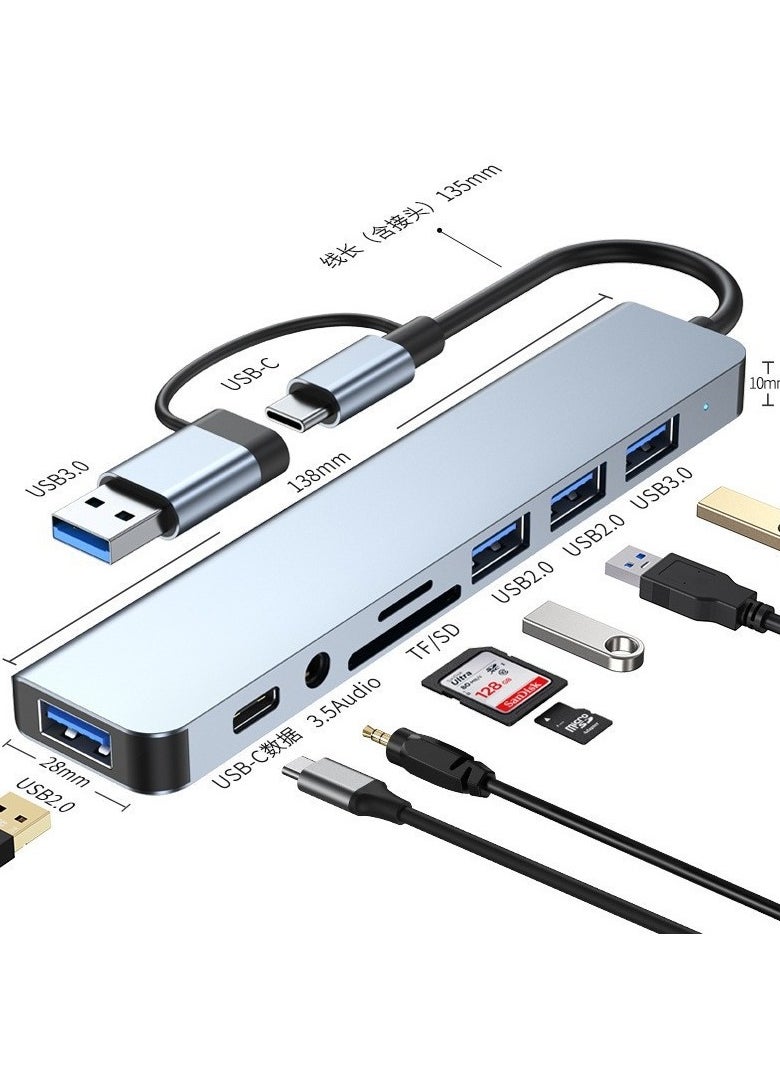 Generic USB 3.0 & Type-C to 8-Port Hub – USB 3.0 x1 + USB 2.0 x3 + TF/SD Card Reader + Type-C Data + 3.5mm Audio Port – Multiport Adapter for Laptop, Phone, Tablet – Aluminum Shell, 135mm Cable – Boxed  - Image 2