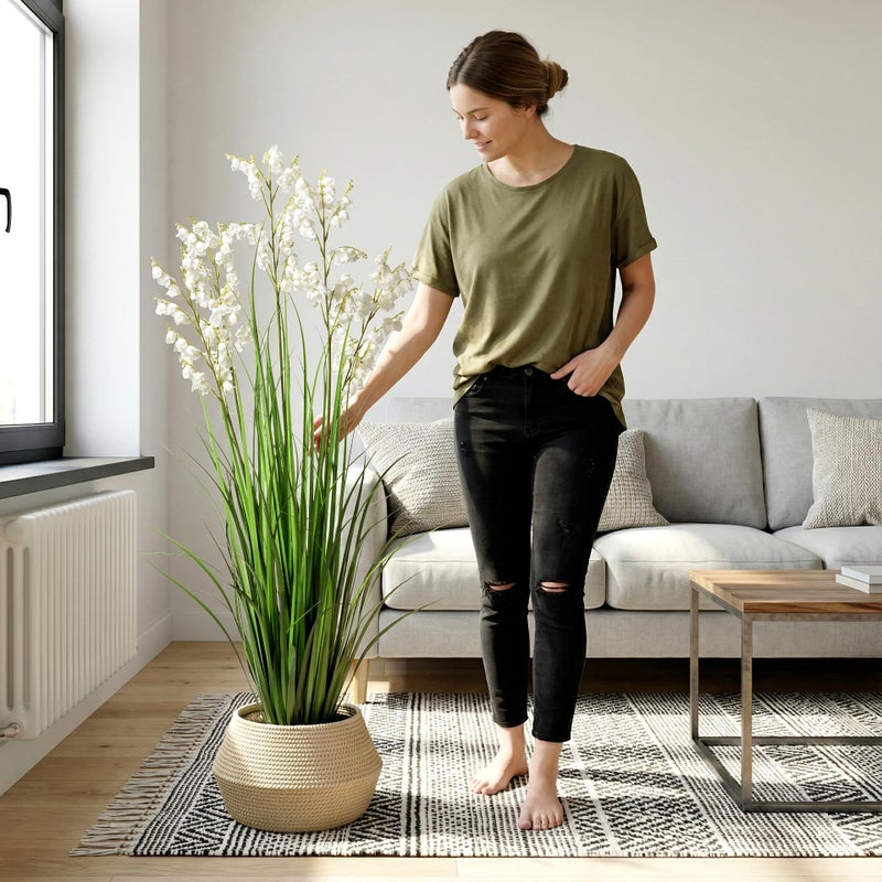Ttranewsoo Artificial Tall Grass Plants with Pots 47â€œ 1 Pack Lily of The Valley Artificial Grass Home Interior Decorating and Outdoor Garden Decorationsï¼ˆWhiteï¼‰ - Image 3