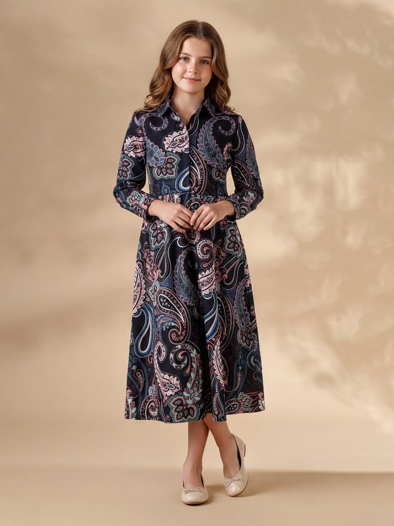 HELLCAT Girls Floral Printed Black Casual Midi Dress for 11-16 Years | Western A-Line Midi Dress for Girls_Black3_11-12 Years - Image 2