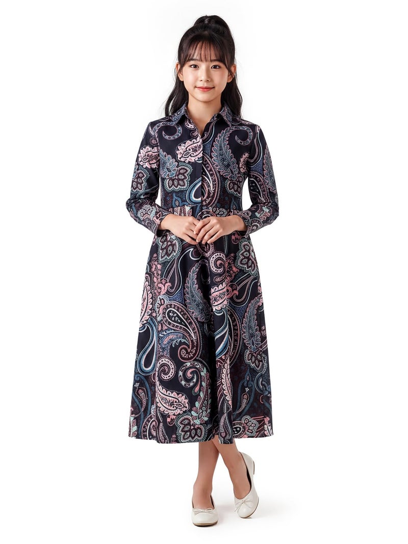 HELLCAT Girls Floral Printed Black Casual Midi Dress for 11-16 Years | Western A-Line Midi Dress for Girls_Black3_11-12 Years - Image 1