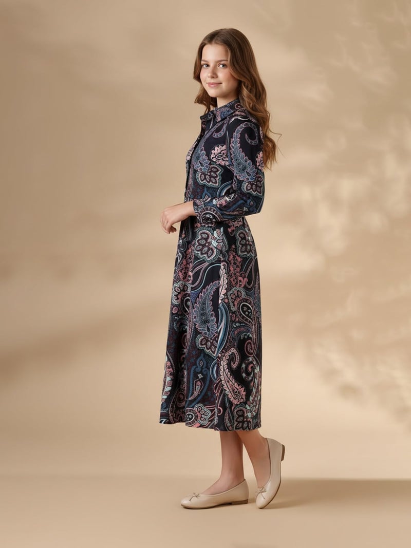 HELLCAT Girls Floral Printed Black Casual Midi Dress for 11-16 Years | Western A-Line Midi Dress for Girls_Black3_11-12 Years - Image 5