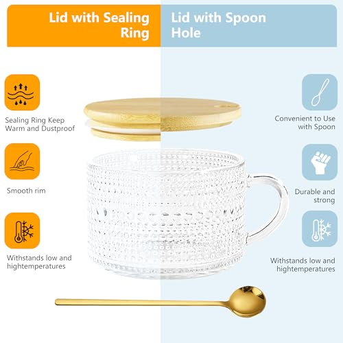 Icesip 14oz Vintage Coffee Mugs Glass of 6 Hobnail Overnight Oats Glass Mug with Handle Bamboo Lids Spoon for Iced Coffee Latte Yogurt(Hobnail*6 with Seal Ring Lid) - Image 3