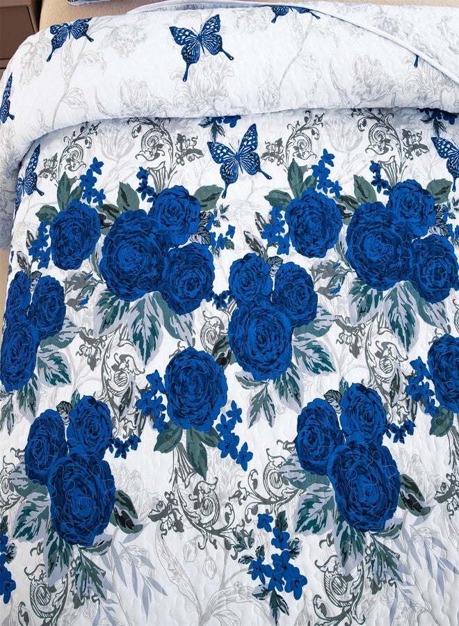 Yiran Rose Floral Quilt Set Blue Flower Butterfly Bedspread with 2 Pillowcases Lightweight Soft Microfiber Coverlet King Size 90"x103" - Image 5