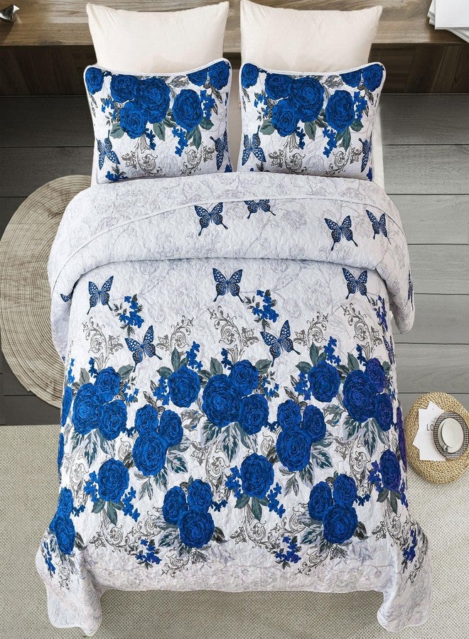 Yiran Rose Floral Quilt Set Blue Flower Butterfly Bedspread with 2 Pillowcases Lightweight Soft Microfiber Coverlet King Size 90"x103" - Image 3