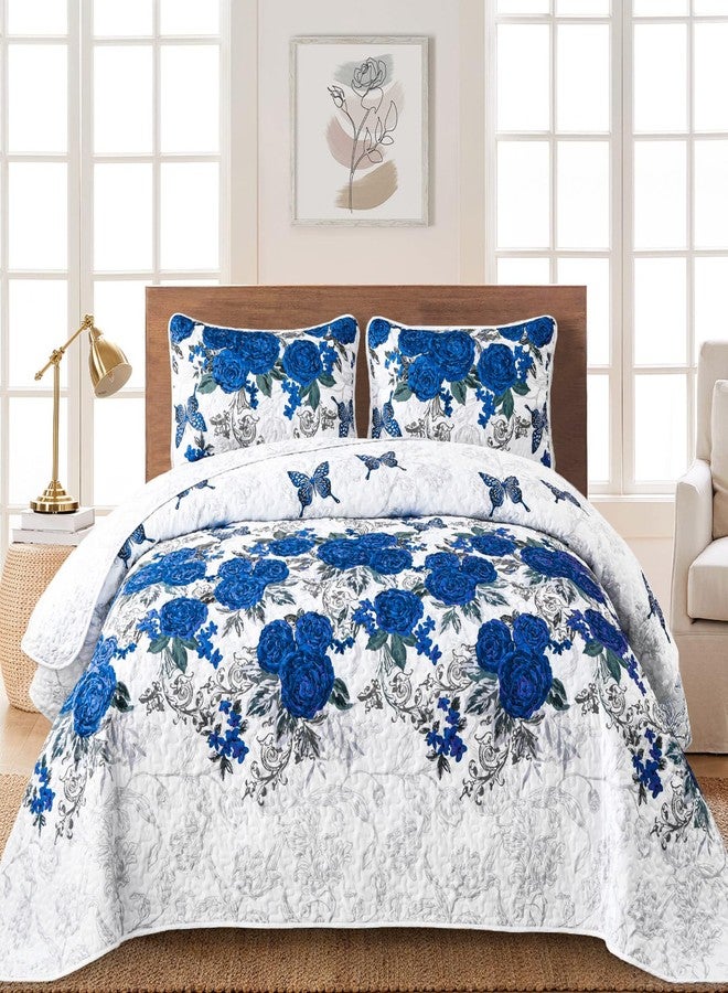 Yiran Rose Floral Quilt Set Blue Flower Butterfly Bedspread with 2 Pillowcases Lightweight Soft Microfiber Coverlet King Size 90"x103" - Image 1