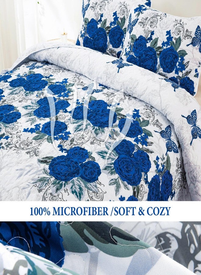 Yiran Rose Floral Quilt Set Blue Flower Butterfly Bedspread with 2 Pillowcases Lightweight Soft Microfiber Coverlet King Size 90"x103" - Image 4