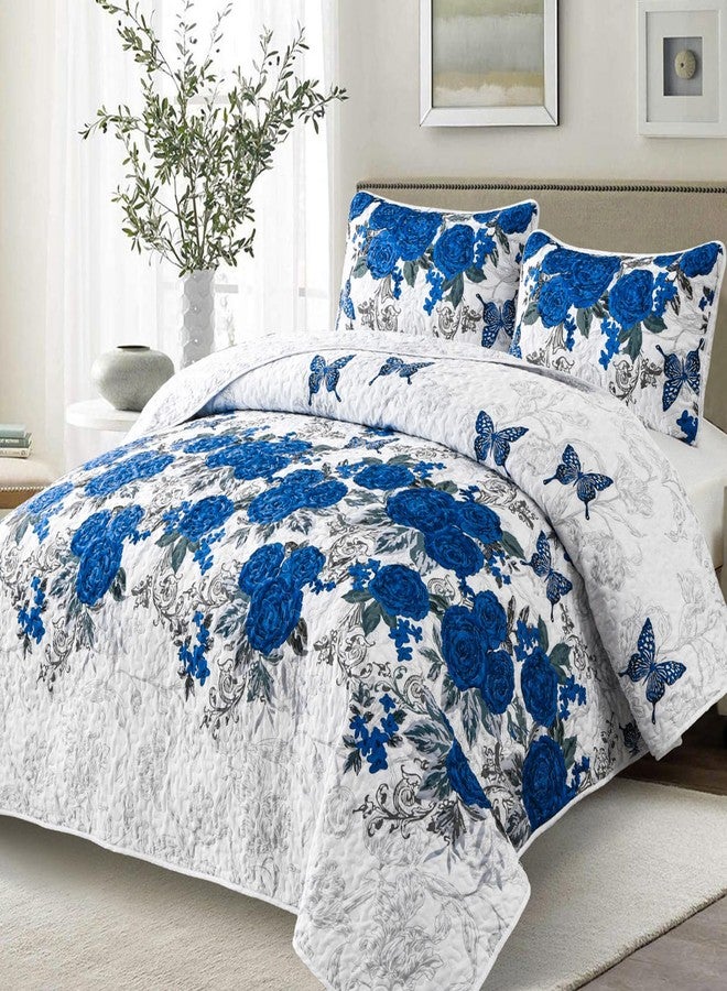 Yiran Rose Floral Quilt Set Blue Flower Butterfly Bedspread with 2 Pillowcases Lightweight Soft Microfiber Coverlet King Size 90"x103" - Image 2