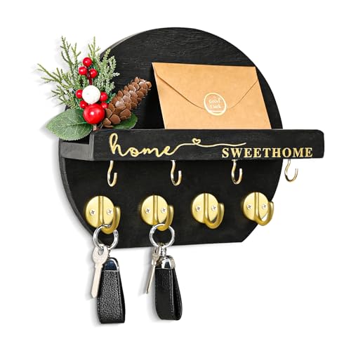LEIRUOTM Key Holder for Wall Key and Mail Holder Organizer Key Holder Wall Mount with Bouquet Shelf and Key Hooks Round Wooden Rustic Key Rack for Entryway and Home Decor Black - Image 1