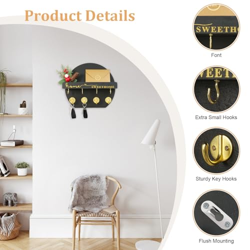 LEIRUOTM Key Holder for Wall Key and Mail Holder Organizer Key Holder Wall Mount with Bouquet Shelf and Key Hooks Round Wooden Rustic Key Rack for Entryway and Home Decor Black - Image 3