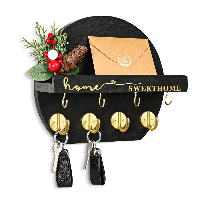 LEIRUOTM Key Holder for Wall Key and Mail Holder Organizer Key Holder Wall Mount with Bouquet Shelf and Key Hooks Round Wooden Rustic Key Rack for Entryway and Home Decor Black - Image 2