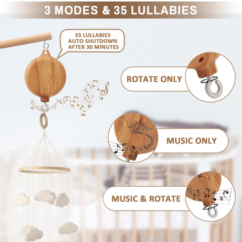 EBINGMIMA Floor-Standing Crib Mobile Arm with Music Box - 65 Inch Mobile Arm for Crib - 100% Beech Wood - Crib Mobile Motor - Volume Control - 35 Lullabies - Wooden Nursery Decor - Baby Mobile Hanger - Image 3