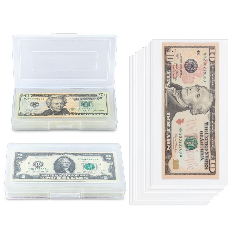 MUQING 200 Packs Currency Sleeves with Plastic Storage Case, PP Material Clear Dollar Bill Holder for Collector, Paper Money Currency Sleeves Top Loading, Protector for Banknote, Stamp and Coupons - Image 1
