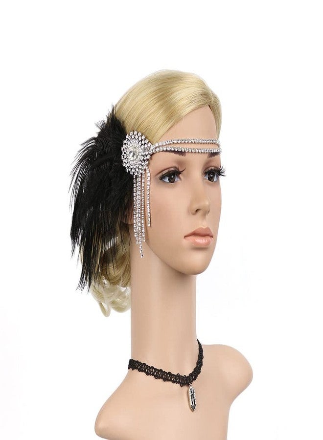 STIOEDYUAN Flapper Headbands for Women 1920s Feather Headpiece Great Gatsby Roaring 20s Hair Accessories Crystal Elastic Rhinestone (Black) - Image 3