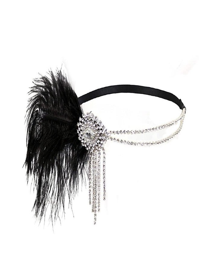 STIOEDYUAN Flapper Headbands for Women 1920s Feather Headpiece Great Gatsby Roaring 20s Hair Accessories Crystal Elastic Rhinestone (Black) - Image 1