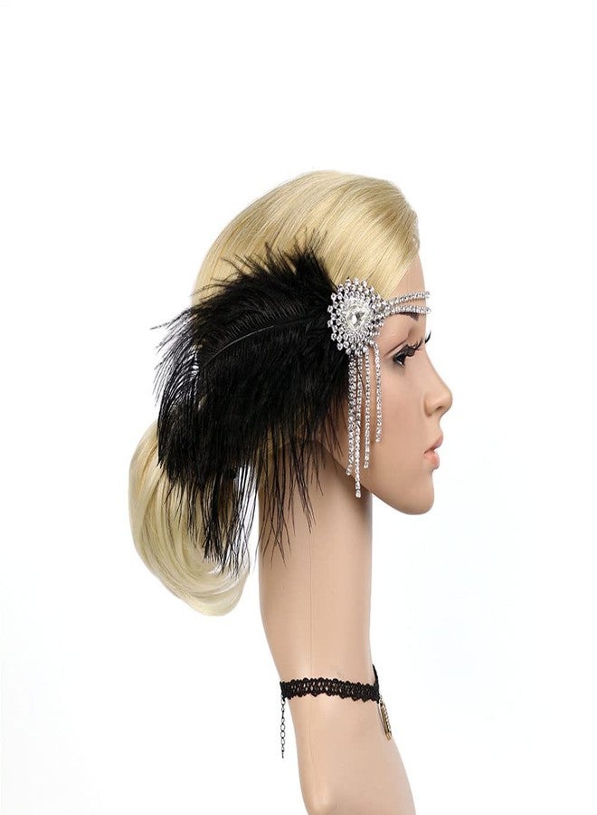 STIOEDYUAN Flapper Headbands for Women 1920s Feather Headpiece Great Gatsby Roaring 20s Hair Accessories Crystal Elastic Rhinestone (Black) - Image 2