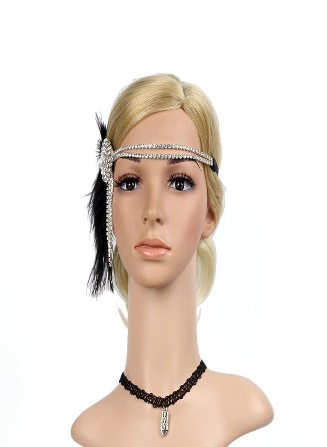 STIOEDYUAN Flapper Headbands for Women 1920s Feather Headpiece Great Gatsby Roaring 20s Hair Accessories Crystal Elastic Rhinestone (Black) - Image 4